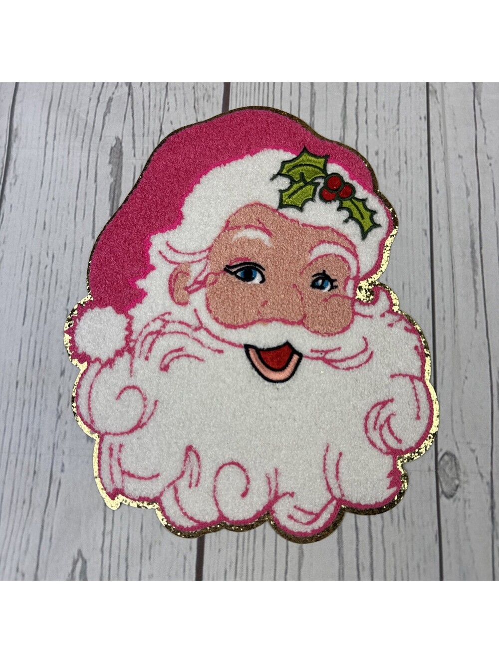 Chenille Iron-On Patch - 11 inch - Vintage Santa - pink Christmas holiday spirit